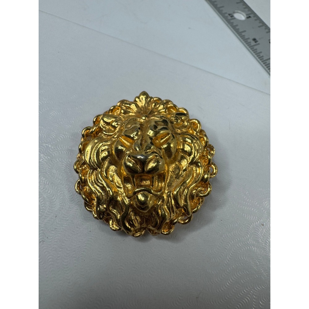 Vintage Gold Tone Lion Head Brooch Statement Animal Pin 2 Inch Large Regal